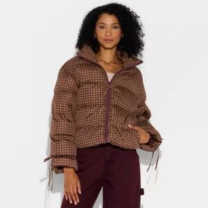 Wild Fables Women's Bow Puffer Jacket Brown Gingham Check S NWT